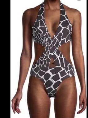 Roberto Cavalli Black and White Giraffe-Print Cutout One-Piece